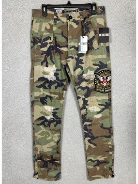 Decibel Mens Camo Distressed Cargo Pants Rip Stop 32/34 Field Recon Design NWT's